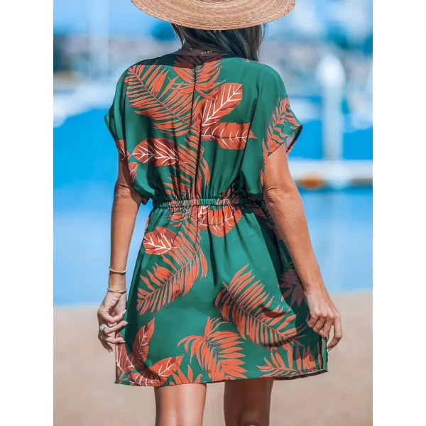 imageCUPSHE Women Swimsuit Coverup Casual V Neck Dress Short Sleeve Elastic Waist Cover Up Dresses 2024 BeachwearOrange Leaf