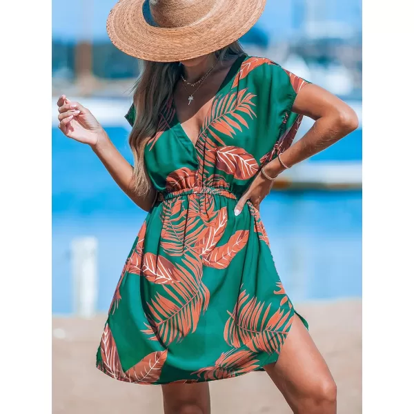 imageCUPSHE Women Swimsuit Coverup Casual V Neck Dress Short Sleeve Elastic Waist Cover Up Dresses 2024 BeachwearOrange Leaf