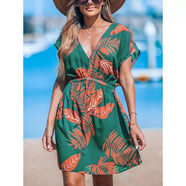 imageCUPSHE Women Swimsuit Coverup Casual V Neck Dress Short Sleeve Elastic Waist Cover Up Dresses 2024 BeachwearOrange Leaf