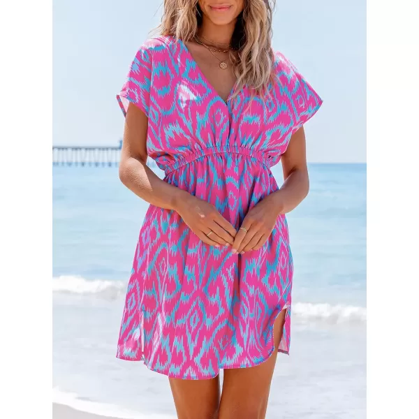imageCUPSHE Women Swimsuit Coverup Casual V Neck Dress Short Sleeve Elastic Waist Cover Up Dresses 2024 BeachwearOrpurple