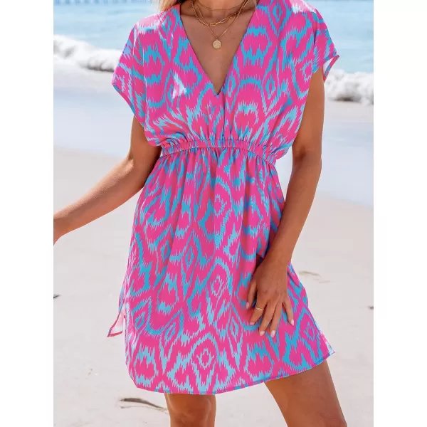 imageCUPSHE Women Swimsuit Coverup Casual V Neck Dress Short Sleeve Elastic Waist Cover Up Dresses 2024 BeachwearOrpurple