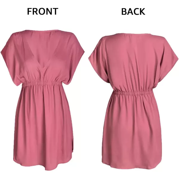 imageCUPSHE Women Swimsuit Coverup Casual V Neck Dress Short Sleeve Elastic Waist Cover Up Dresses 2024 BeachwearRed