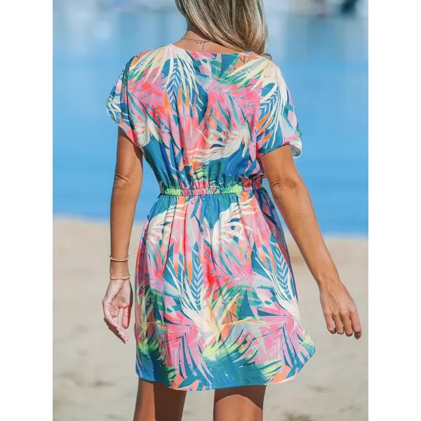 imageCUPSHE Women Swimsuit Coverup Casual V Neck Dress Short Sleeve Elastic Waist Cover Up Dresses 2024 BeachwearTropical Plant