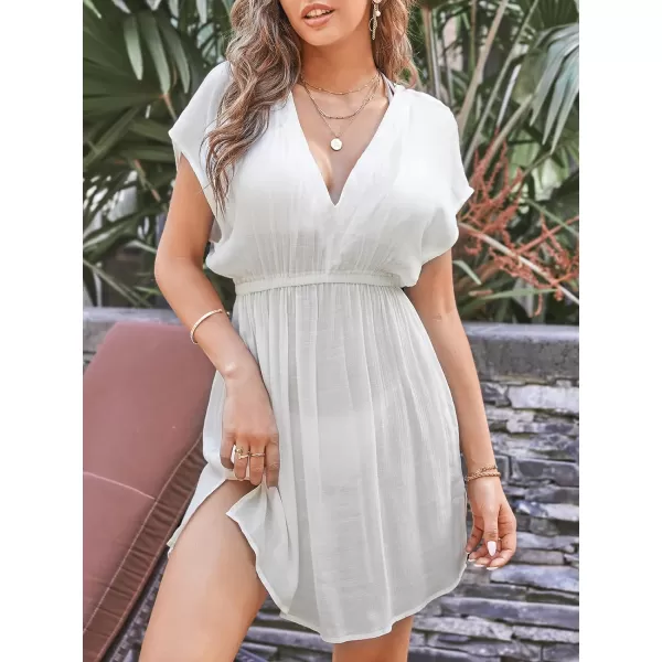 imageCUPSHE Women Swimsuit Coverup Casual V Neck Dress Short Sleeve Elastic Waist Cover Up Dresses 2024 BeachwearWhite