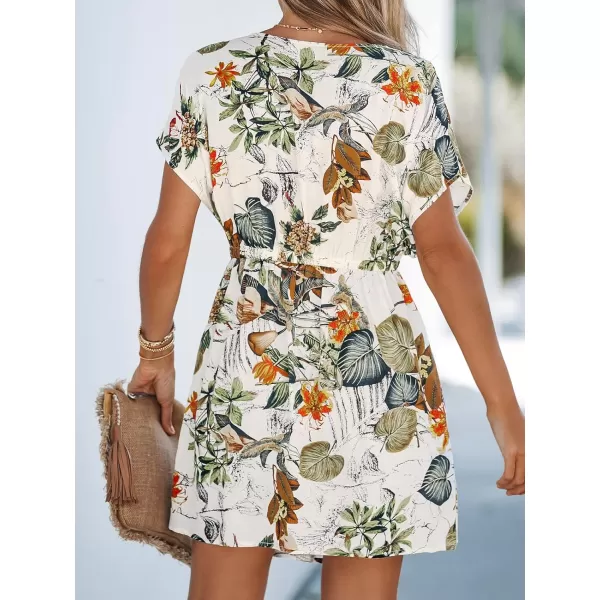 imageCUPSHE Women Swimsuit Coverup Casual V Neck Dress Short Sleeve Elastic Waist Cover Up Dresses 2024 BeachwearWhite Floral