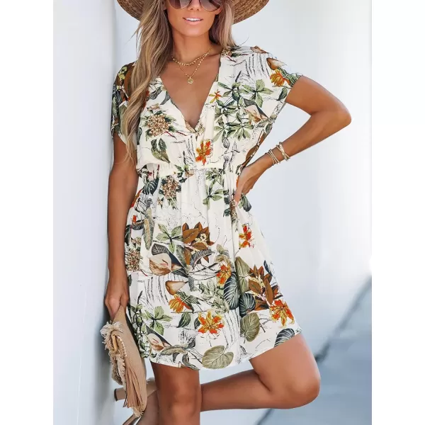 imageCUPSHE Women Swimsuit Coverup Casual V Neck Dress Short Sleeve Elastic Waist Cover Up Dresses 2024 BeachwearWhite Floral