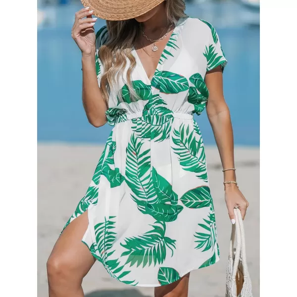 imageCUPSHE Women Swimsuit Coverup Casual V Neck Dress Short Sleeve Elastic Waist Cover Up Dresses 2024 BeachwearWhite Green Leaf