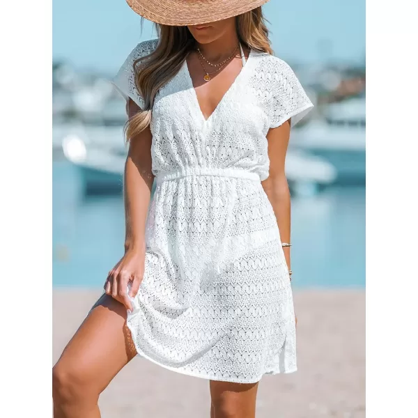 imageCUPSHE Women Swimsuit Coverup Casual V Neck Dress Short Sleeve Elastic Waist Cover Up Dresses 2024 BeachwearWhite01