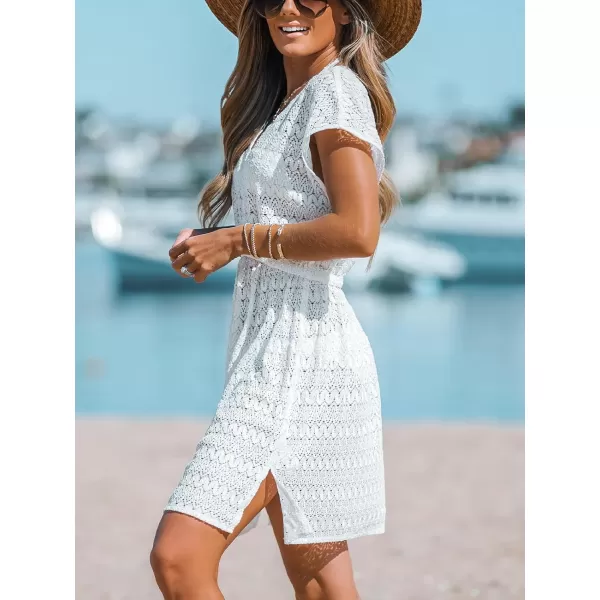 imageCUPSHE Women Swimsuit Coverup Casual V Neck Dress Short Sleeve Elastic Waist Cover Up Dresses 2024 BeachwearWhite01