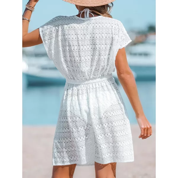 imageCUPSHE Women Swimsuit Coverup Casual V Neck Dress Short Sleeve Elastic Waist Cover Up Dresses 2024 BeachwearWhite01