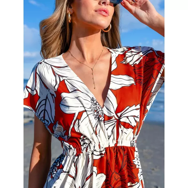 imageCUPSHE Women Swimsuit Coverup Casual V Neck Dress Short Sleeve Elastic Waist Cover Up Dresses 2024 BeachwearWhitered Floral