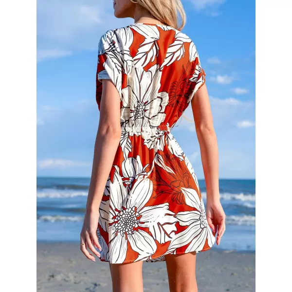 imageCUPSHE Women Swimsuit Coverup Casual V Neck Dress Short Sleeve Elastic Waist Cover Up Dresses 2024 BeachwearWhitered Floral