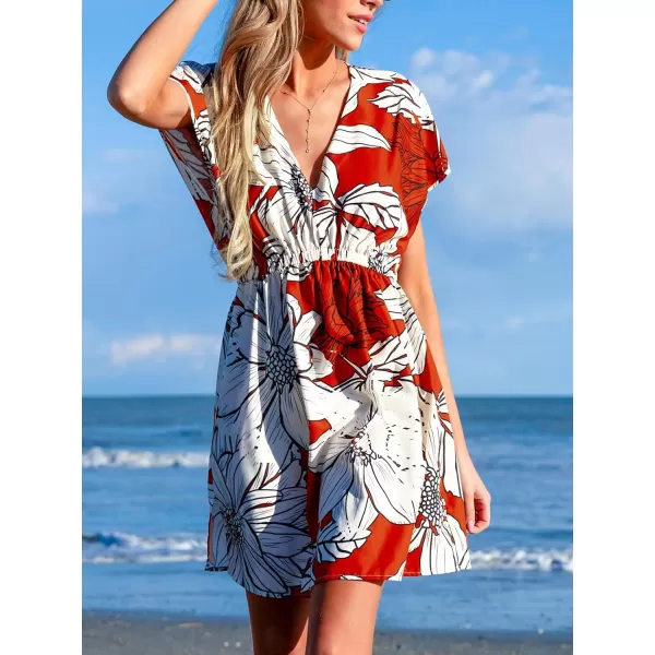 imageCUPSHE Women Swimsuit Coverup Casual V Neck Dress Short Sleeve Elastic Waist Cover Up Dresses 2024 BeachwearWhitered Floral