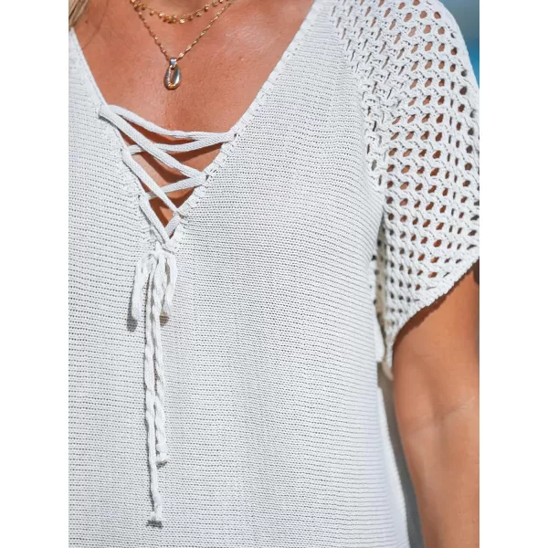 imageCUPSHE Women Swimsuit Crochet Coverup 2024 Summer Swimwear LaceUp Knit Beach Dress with TasselOffwhite
