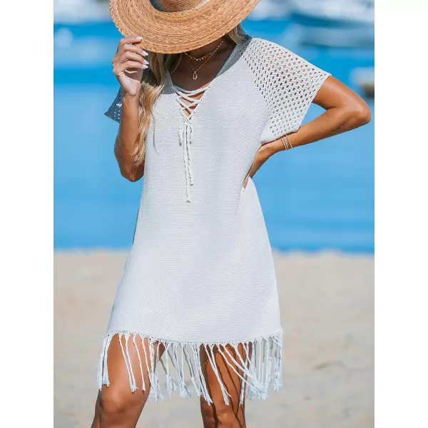 imageCUPSHE Women Swimsuit Crochet Coverup 2024 Summer Swimwear LaceUp Knit Beach Dress with TasselOffwhite