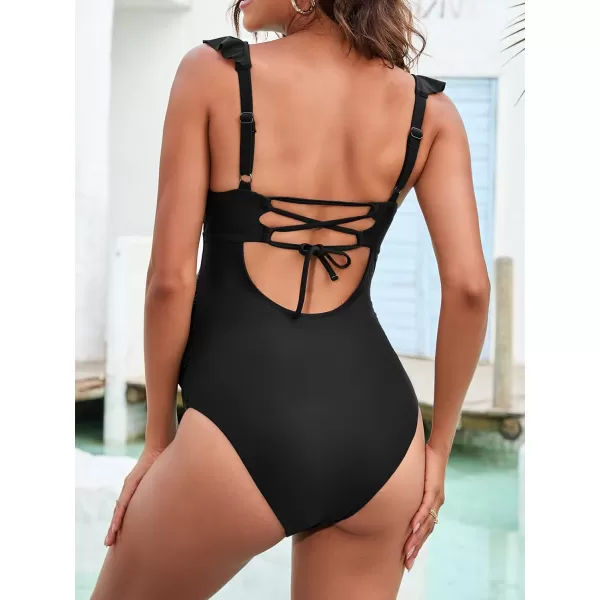 imageCUPSHE Women Swimsuit Maternity One Piece Bathing Suit Deep V Neck Ruffle Back Tie Ruching Adjustable Straps SwimwearBlack