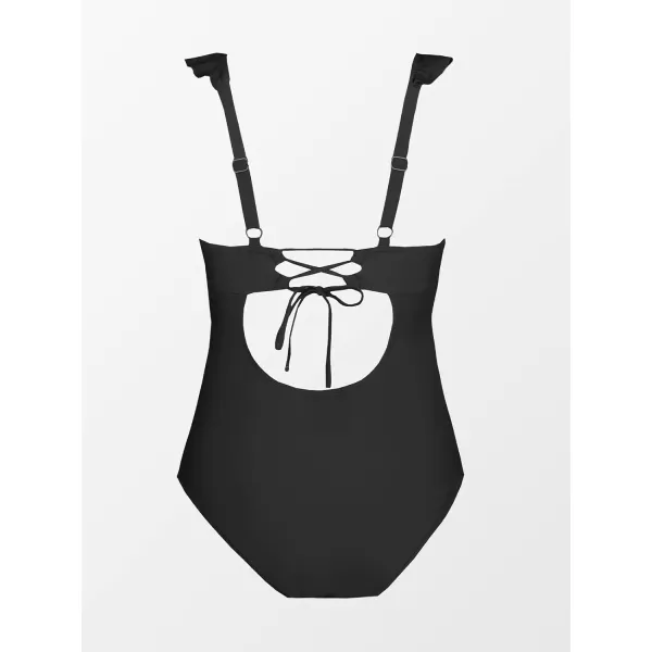 imageCUPSHE Women Swimsuit Maternity One Piece Bathing Suit Deep V Neck Ruffle Back Tie Ruching Adjustable Straps SwimwearBlack