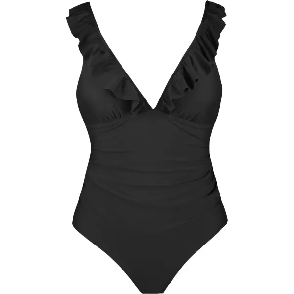 imageCUPSHE Women Swimsuit Maternity One Piece Bathing Suit Deep V Neck Ruffle Back Tie Ruching Adjustable Straps SwimwearBlack