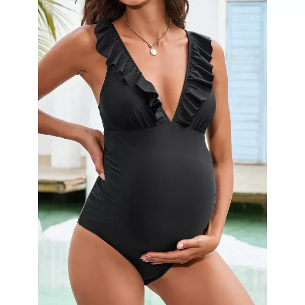 imageCUPSHE Women Swimsuit Maternity One Piece Bathing Suit Deep V Neck Ruffle Back Tie Ruching Adjustable Straps SwimwearBlack