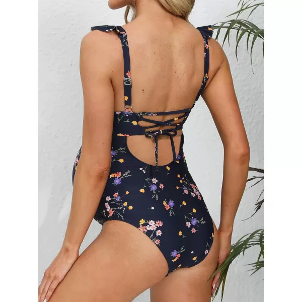 imageCUPSHE Women Swimsuit Maternity One Piece Bathing Suit Deep V Neck Ruffle Back Tie Ruching Adjustable Straps SwimwearDark BlueFloral