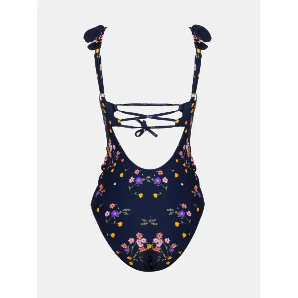 imageCUPSHE Women Swimsuit Maternity One Piece Bathing Suit Deep V Neck Ruffle Back Tie Ruching Adjustable Straps SwimwearDark BlueFloral