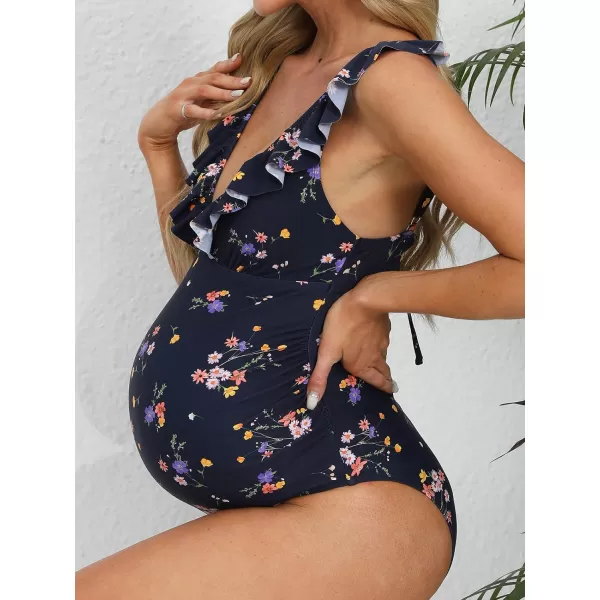 imageCUPSHE Women Swimsuit Maternity One Piece Bathing Suit Deep V Neck Ruffle Back Tie Ruching Adjustable Straps SwimwearDark BlueFloral