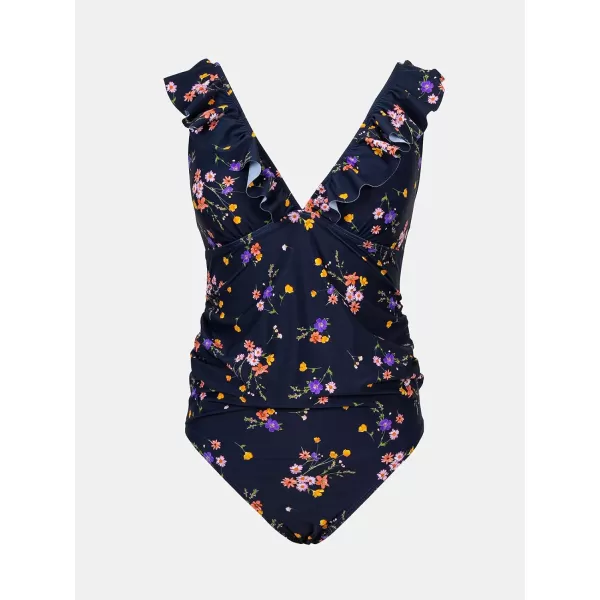 imageCUPSHE Women Swimsuit Maternity One Piece Bathing Suit Deep V Neck Ruffle Back Tie Ruching Adjustable Straps SwimwearDark BlueFloral