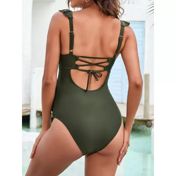 imageCUPSHE Women Swimsuit Maternity One Piece Bathing Suit Deep V Neck Ruffle Back Tie Ruching Adjustable Straps SwimwearGreen