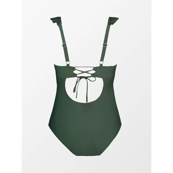 imageCUPSHE Women Swimsuit Maternity One Piece Bathing Suit Deep V Neck Ruffle Back Tie Ruching Adjustable Straps SwimwearGreen