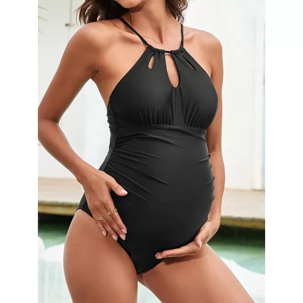 imageCUPSHE Women Swimsuit Maternity One Piece Bathing Suit Keyhole Cutout Ruched Front Crisscross Lace Up BackBlack