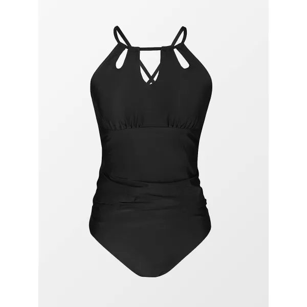 imageCUPSHE Women Swimsuit Maternity One Piece Bathing Suit Keyhole Cutout Ruched Front Crisscross Lace Up BackBlack