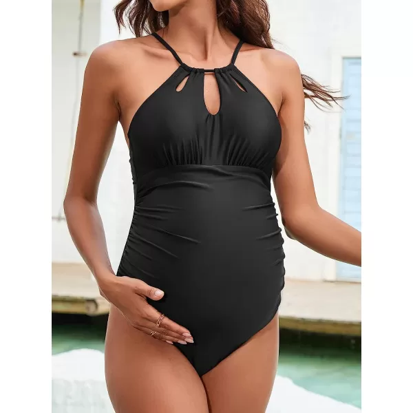 imageCUPSHE Women Swimsuit Maternity One Piece Bathing Suit Keyhole Cutout Ruched Front Crisscross Lace Up BackBlack