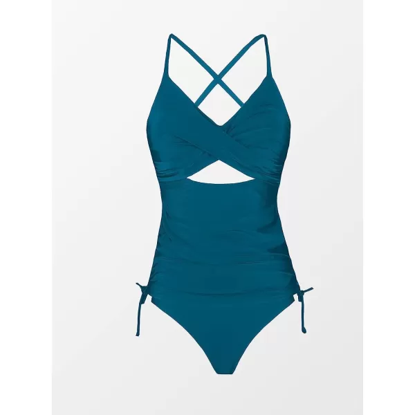imageCUPSHE Women Swimsuit Maternity Tankini Set Two Piece Bathing Suit Cutout Spaghetti Straps V Neck Drawstring SidesBlue
