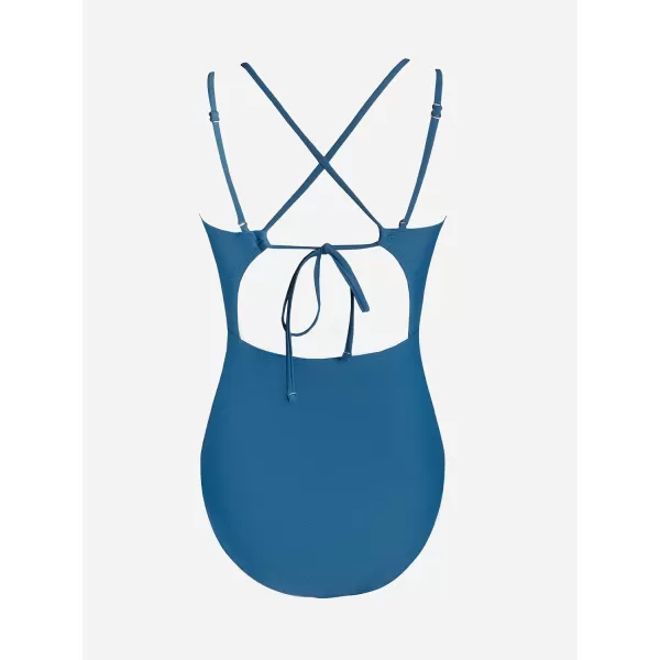 imageCUPSHE Women Swimsuit One Piece Bathing Suit Cutout Front Crisscross Self Tie Back Double StrapsDark Blue