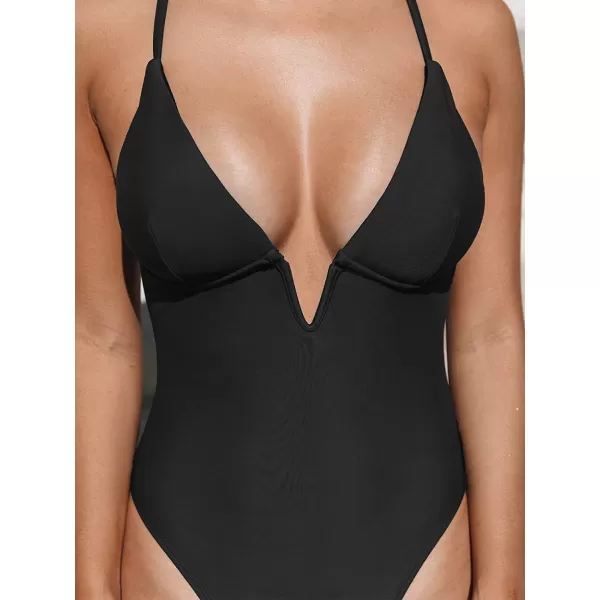 imageCUPSHE Women Swimsuit One Piece Bathing Suit Deep V Neck Crisscross Back Adjustable StrapBlack