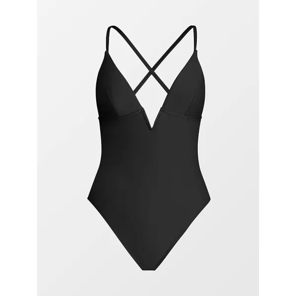 imageCUPSHE Women Swimsuit One Piece Bathing Suit Deep V Neck Crisscross Back Adjustable StrapBlack