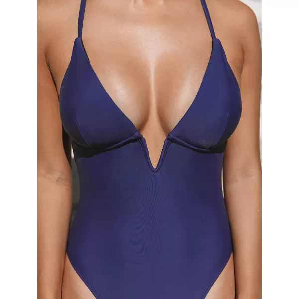 imageCUPSHE Women Swimsuit One Piece Bathing Suit Deep V Neck Crisscross Back Adjustable StrapDark Blue