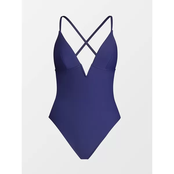 imageCUPSHE Women Swimsuit One Piece Bathing Suit Deep V Neck Crisscross Back Adjustable StrapDark Blue