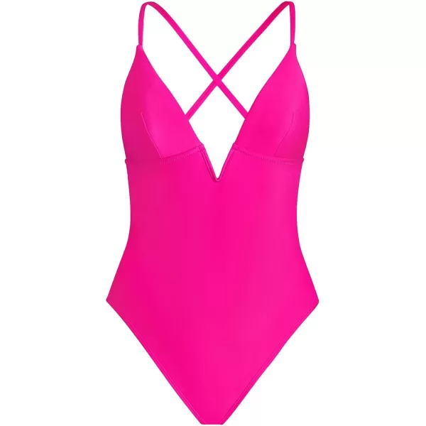 imageCUPSHE Women Swimsuit One Piece Bathing Suit Deep V Neck Crisscross Back Adjustable StrapHot Pink