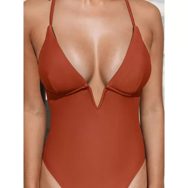 imageCUPSHE Women Swimsuit One Piece Bathing Suit Deep V Neck Crisscross Back Adjustable StrapRed