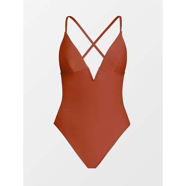 imageCUPSHE Women Swimsuit One Piece Bathing Suit Deep V Neck Crisscross Back Adjustable StrapRed