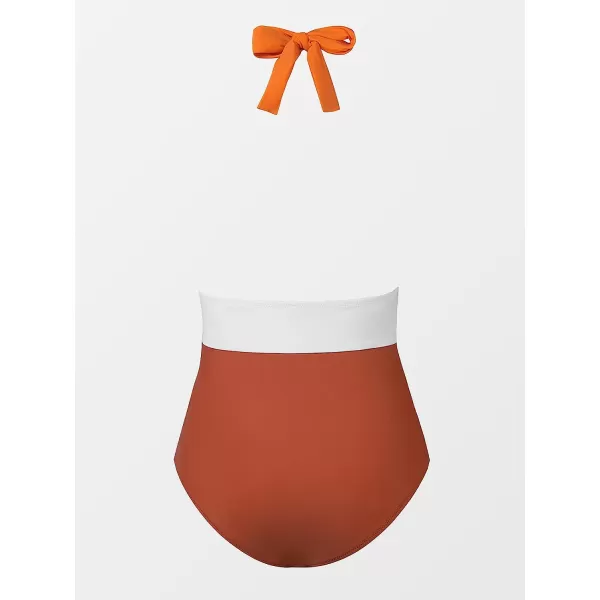 imageCUPSHE Women Swimsuit One Piece Bathing Suit Halter Color Block Ruched Tummy Control BacklessSunset Orange