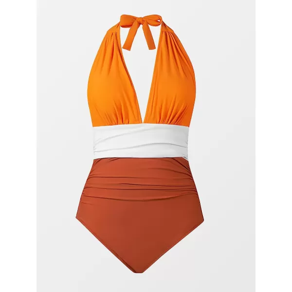 imageCUPSHE Women Swimsuit One Piece Bathing Suit Halter Color Block Ruched Tummy Control BacklessSunset Orange