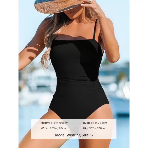 imageCUPSHE Women Swimsuit One Piece Bathing Suit Square Neck Cutout Back Tummy Control with Adjustable Spaghetti StrapsBlack