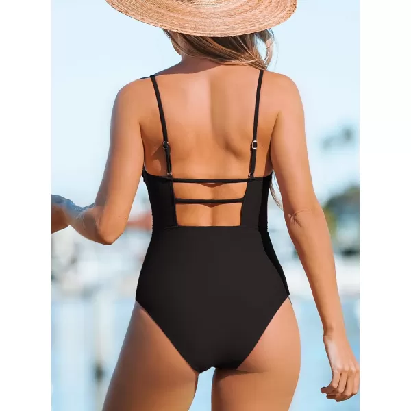 imageCUPSHE Women Swimsuit One Piece Bathing Suit Square Neck Cutout Back Tummy Control with Adjustable Spaghetti StrapsBlack