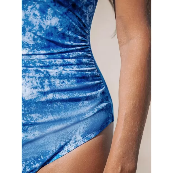 imageCUPSHE Women Swimsuit One Piece Bathing Suit Square Neck Cutout Back Tummy Control with Adjustable Spaghetti StrapsBlue Tie Dye