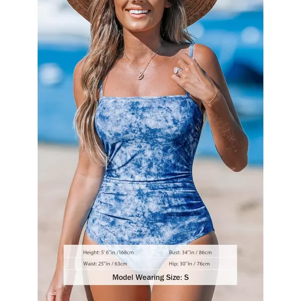 imageCUPSHE Women Swimsuit One Piece Bathing Suit Square Neck Cutout Back Tummy Control with Adjustable Spaghetti StrapsBlue Tie Dye