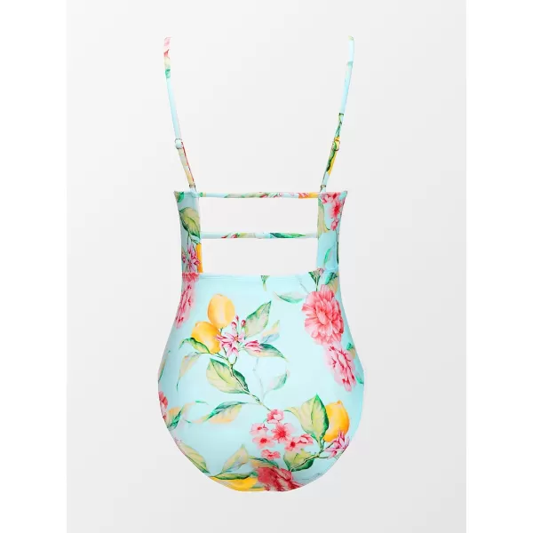imageCUPSHE Women Swimsuit One Piece Bathing Suit Square Neck Cutout Back Tummy Control with Adjustable Spaghetti StrapsBluePink Floral