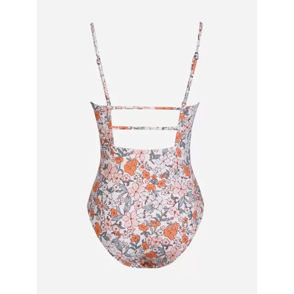 imageCUPSHE Women Swimsuit One Piece Bathing Suit Square Neck Cutout Back Tummy Control with Adjustable Spaghetti StrapsCantaloupe Orange Ditsy