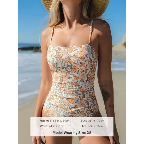 imageCUPSHE Women Swimsuit One Piece Bathing Suit Square Neck Cutout Back Tummy Control with Adjustable Spaghetti StrapsCantaloupe Orange Ditsy